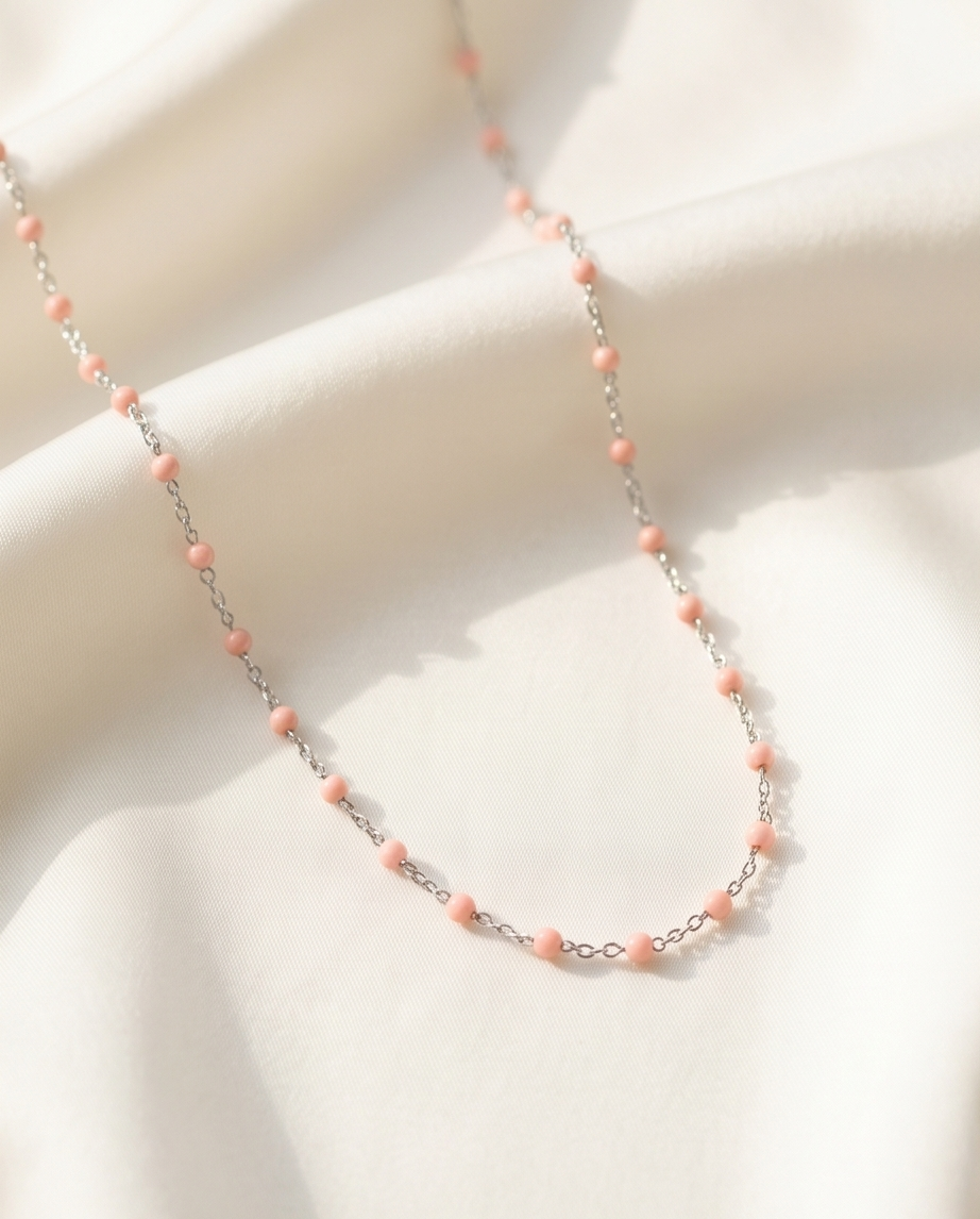 Silver Pink Bead Necklace #31