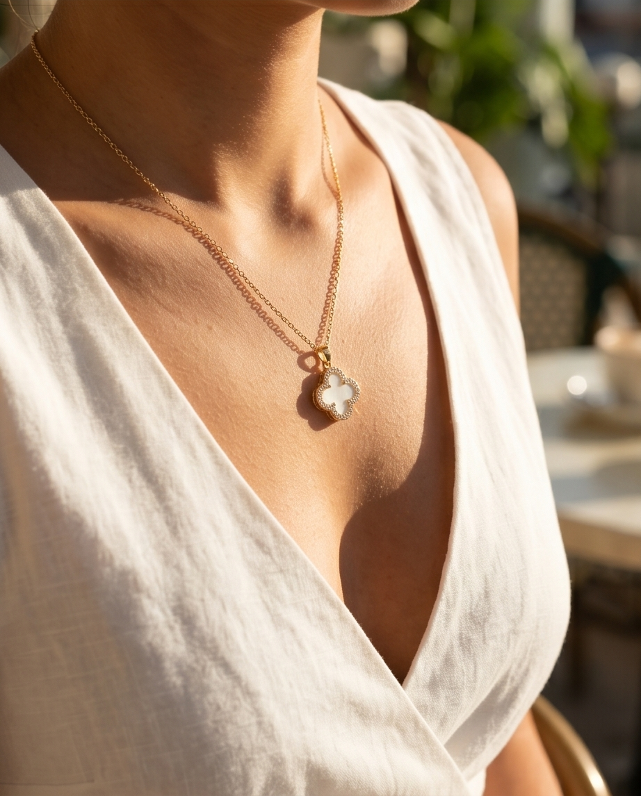 Gold Clover Necklace White #9
