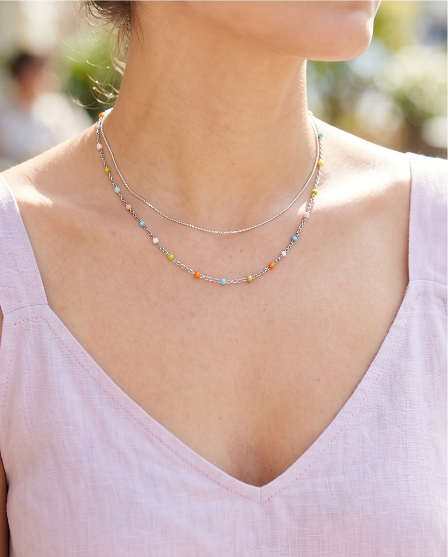 Silver Multi-colored Bead Necklace #29