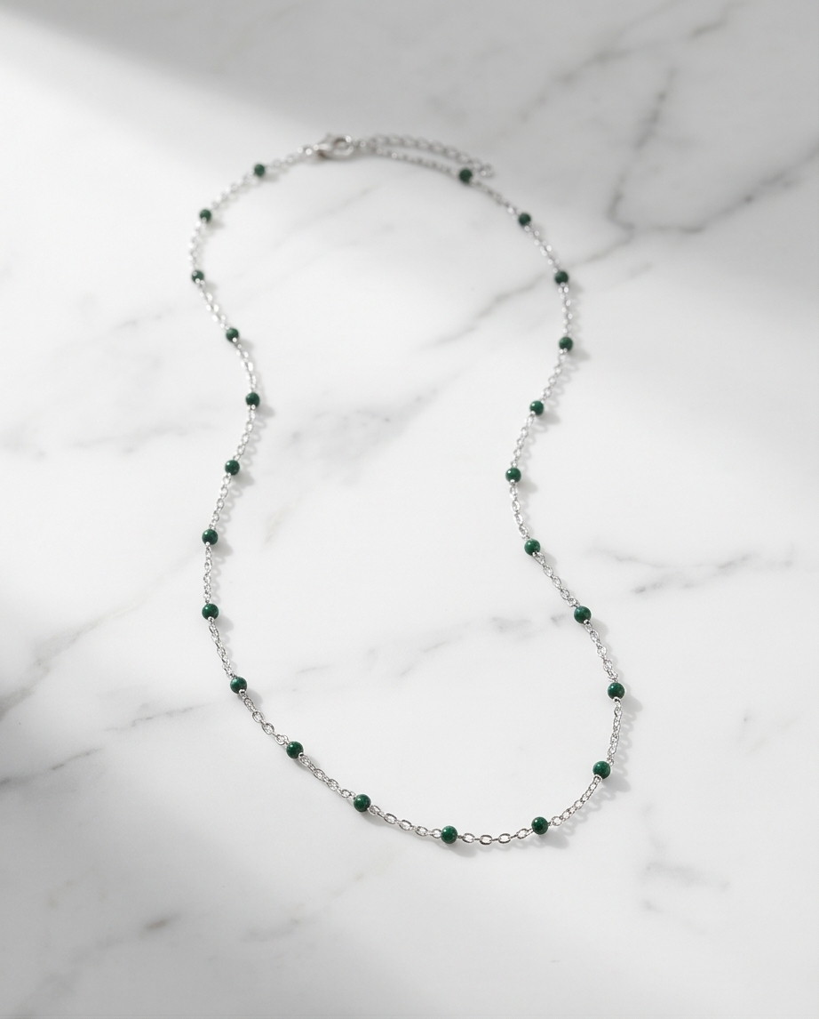 Silver Dark Green Bead Necklace #26