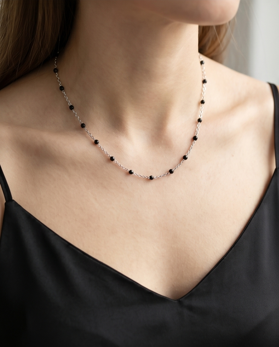 Silver Black Bead Necklace #27