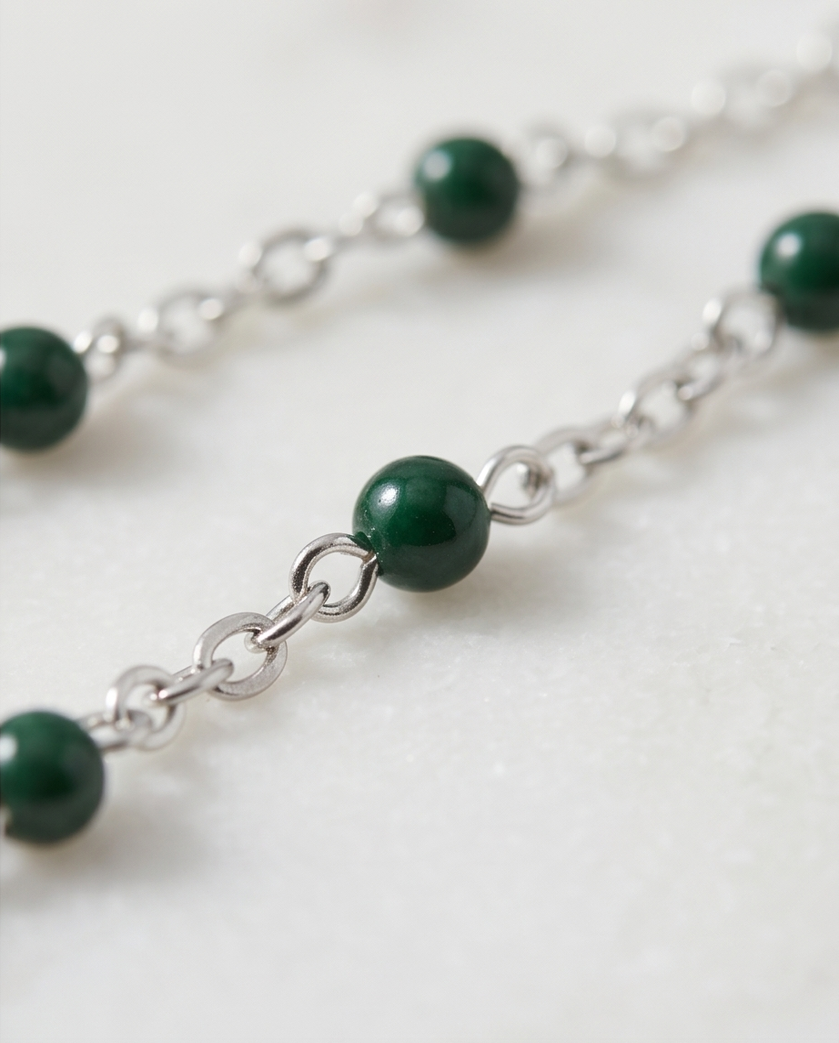 Silver Dark Green Bead Necklace #26