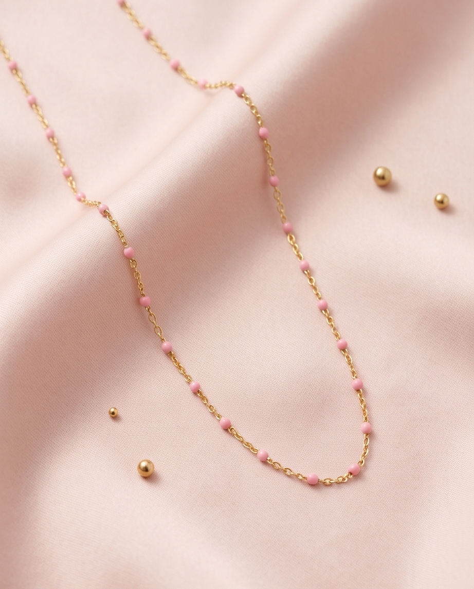 Gold Pink Bead Necklace #23