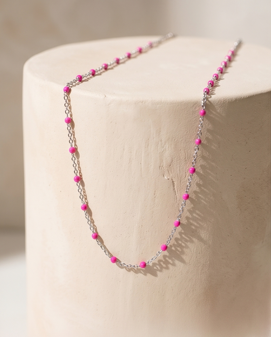 Silver Hot Pink Bead Necklace #17