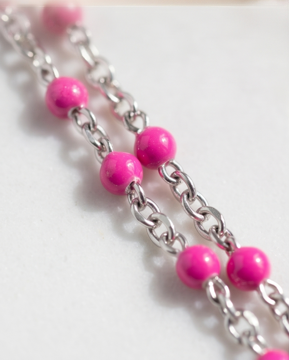 Silver Hot Pink Bead Necklace #17